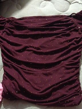 Women’s Burgundy Off-Shoulder Top with Gold Dot Detail